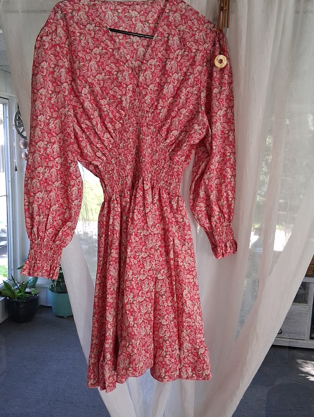 Source Unknown Pink Floral Long-Sleeve Smocked Waist Dress